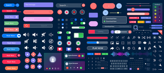 Set of elements for the interface. Universal UI, UX kit for app or web. Constructor for interfaces design. Colorful navigation long web button. Interface buttons. Web UI elements for browsers. Vector - obrazy, fototapety, plakaty