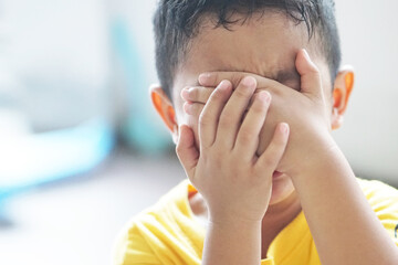 The Emotional Tantrum and Angry little Asian boy toddler complaining. Attention deficit hyperactivity disorder (ADHD) Concept. - obrazy, fototapety, plakaty