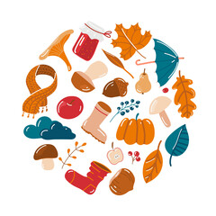 Set of vector isolated hand-drawn autumn elements. Collection of isolated seasonal icons: scarf, leaves, mushrooms, berries, jam, sock, shoes, umbrella, tea, acorn, nut, candle, pear, apple, book.