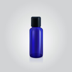 Blue glass bottle empty, realistic vector cosmetic, perfume, oil container isolated on white background.