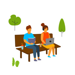 young people, man and woman sitting on the bench in the park, drinking coffee, reading book, working on laptop vector illustration scene