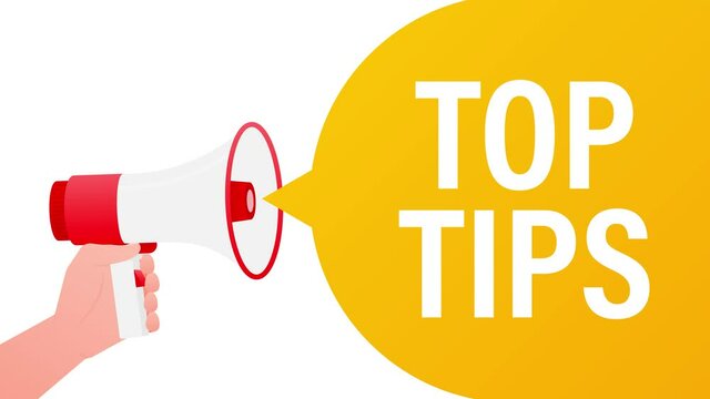 Top tips megaphone yellow banner in 3D style on white background. Motion graphics.