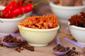 Spices and herbs in white bowls, spice in small spoon,food and cuisine ingredients,various spices collection,Food background,turmeric, star anise,mace,cloves