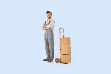 Self confident delivery man with hand truck trolley brown cardboard box style. Colorful background.