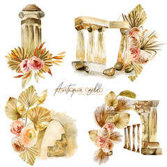 Set of watercolor compositions of antique architectural elements and floral boho bouquets, isolated illustration on white background