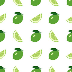 Cute seamless bright pattern of citrus fruits on a white background. Print with whole lime, slices and leaves. A set of fruits for a healthy lifestyle