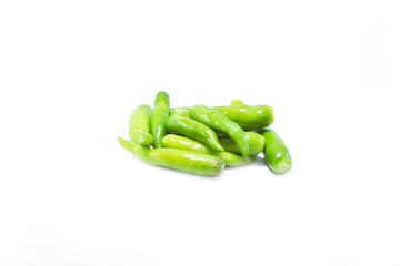 Fresh large green chillies cultivated by farmers for sale and self-eating - for seasoning and appetizing food on a white background with local hot letters.