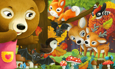 Fototapeta premium cartoon fun scene forest animals friends together