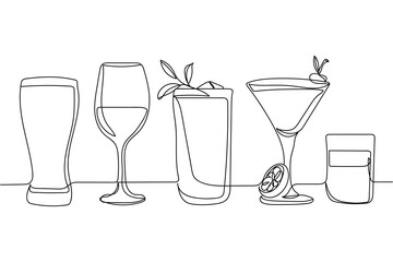 Fototapeta Continuous one line of best selling drinks cocktails in silhouette. Linear stylized.Minimalist. obraz