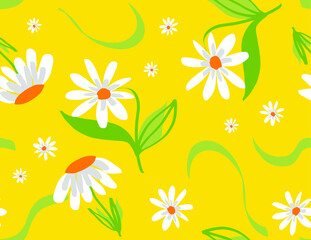 Fototapeta na wymiar Abstract Hand Drawing Daisy Flowers and Leaves Seamless Vector Pattern Isolated Background 
