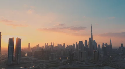  AERIAL. Top view of downtown Dubai at beautiful sunset, United Arab Emirates. © skymediapro