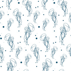 Seamless pattern with sea jellyfish in a linear style. A design element with marine life. Dark outline on a white background. EPS10.