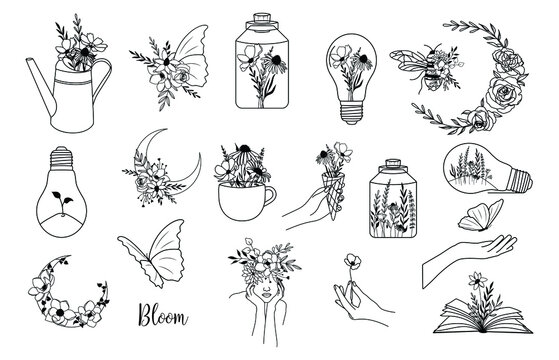 Wildflower vector illustration set. Floral designs bundle, flower moon, bee, butterfly, woman, hands, light bulb, cup, book