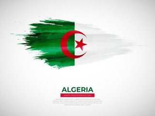 Grunge style brush painted Algeria country flag illustration with Independence day typography - obrazy, fototapety, plakaty