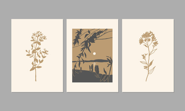 Set of posters with plants and summer landscape illustrations. Great for interior decor, wall art, tote bag, t-shirt print.