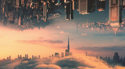 AERIAL. Abstract futuristic concept video of two huge city opposite each other in the sky and epic...