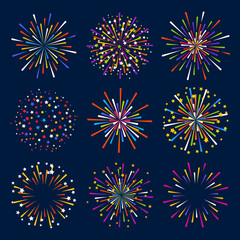 Set of color fireworks on night sky background for anniversary holiday design