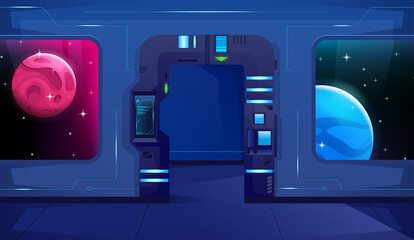 Futuristic open door on shuttle with neon. Hud. Two viewports for a view of other planets. Cartoon style. Vector © Igor