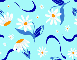 Naklejka na ściany i meble Abstract Hand Drawing Daisy Flowers and Leaves Seamless Vector Pattern Isolated Background 