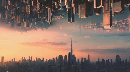 AERIAL. Abstract futuristic concept video of two huge city opposite each other in the sky and epic...