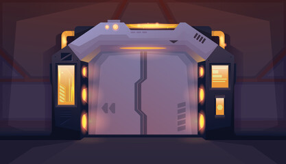 Spaceship interior room with closed door. Hallway with yellow lamp. Background for games and mobile applications. Vector cartoon background © Igor