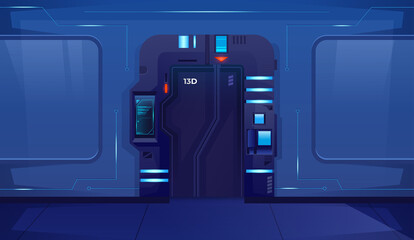 Sliding spaceship closed door with blue lamps. Background for games and mobile applications. Vector cartoon background