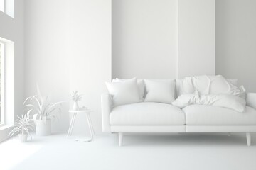 Mock up of minimalist living room in white color with sofa. Scandinavian interior design. 3D illustration