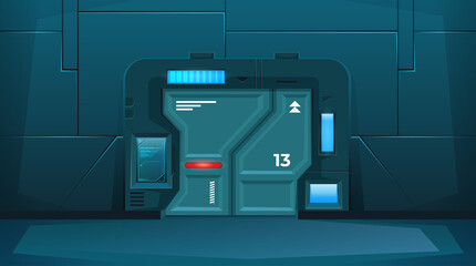 Closed door on spaceship. Background for games. Hallway with locked room. Vector © Igor