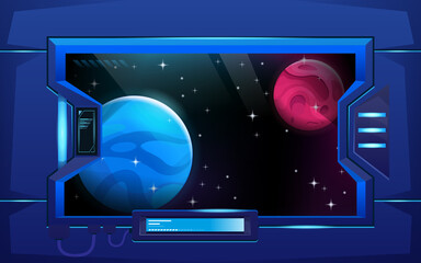 Porthole on hallway in spaceship. Viewport. Red and blue planet. Futuristic interior room. Background for games. Vector cartoon background