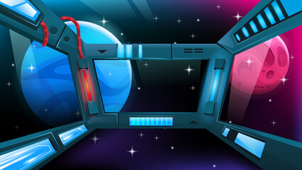 Spaceship interior. Space station window with view on alien planets and stars. Viewport with neon. Vector cartoon illustration. © Igor