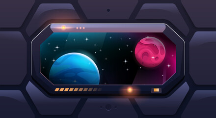 Big shuttle window on spaceship with view of other planets. Futuristic viewport. Vector cartoon style. © Igor