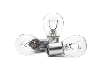 Three transparent car light bulbs p21w isolated on white background, close up.