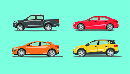Cars collection. Cars, trucks and sports car in flat style design