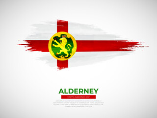 Grunge style brush painted Alderney country flag illustration with Independence day typography