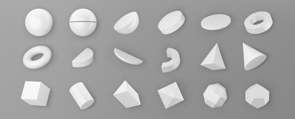 3d render white geometric shapes objects set isolated on grey background. White realistic primitives - sphere, pyramid, torus, cone with shadows. Abstract decorative vector figure for trendy design © janevasileva