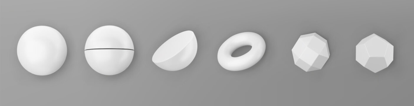 3d render white geometric shapes objects set isolated on grey background. Solid white realistic primitives - spheres, torus with shadows. Abstract decorative vector figure for trendy design