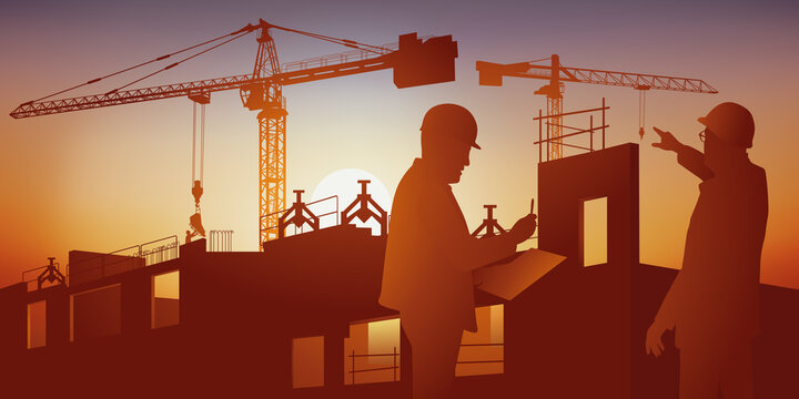 Concept de l’organisation du chantier de construction d’un immeuble avec un architecte et un entrepreneur qui discutent de l’avancement des travaux.