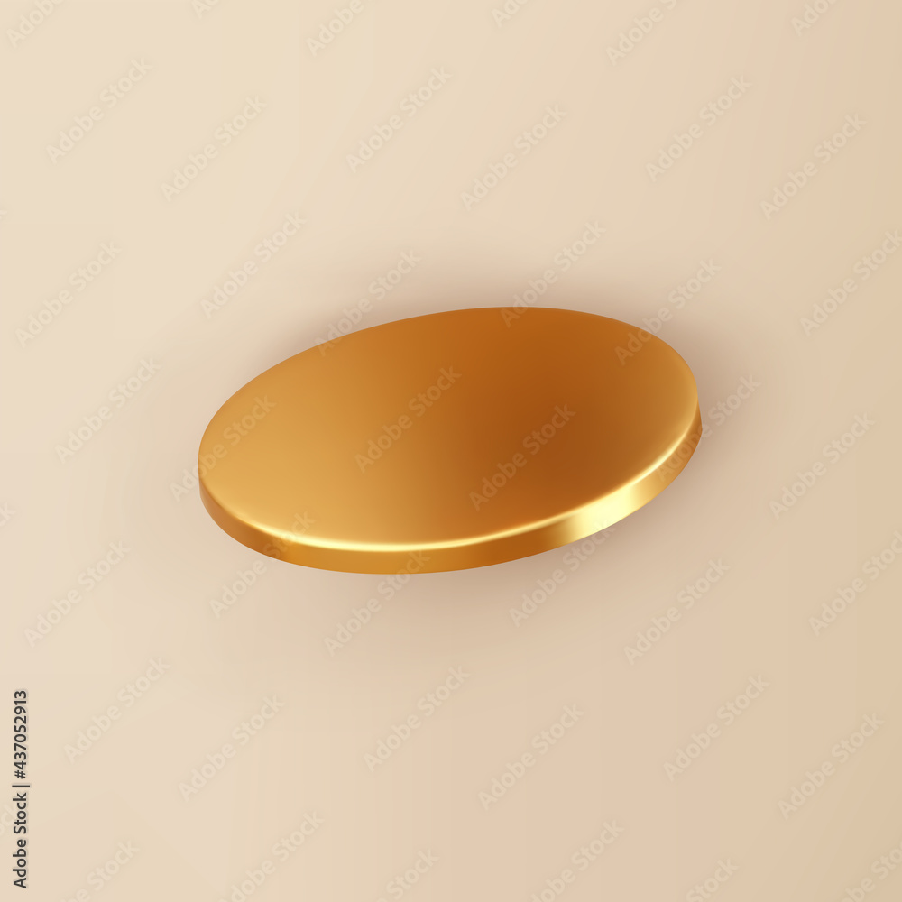 Wall mural 3d render gold geometric shape cylinder with shadows isolated on background. golden glossy realistic