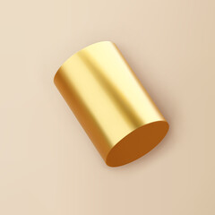 3d render gold geometric shape cylinder with shadows isolated on background. Golden glossy realistic primitive. Abstract decorative vector figure for trendy design