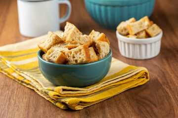 Delicious crunchy croutons on the table.
