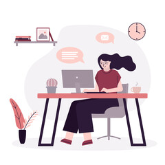 Businesswoman or freelancer working at computer. Female character sits at desktop and works