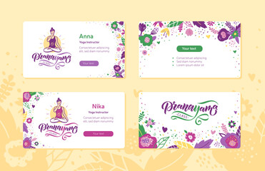 Pranayama Yoga Visit Cards. Woman in cross-legged pose practicing breathing exercise. Calligraphy inscription. Vector illustration for logotype, poster, magazine, banner, t-shirt