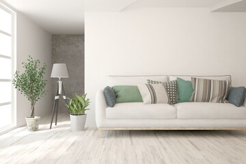 Soft color living room with sofa. Scandinavian interior design. 3D illustration