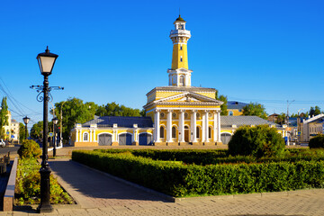 Fototapeta premium Cityscape of Kostroma city and historical fire station building in summer time