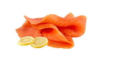 smoked salmon raw fillet with sliced ​​lemon isolated on white background with​ clipping​ path​