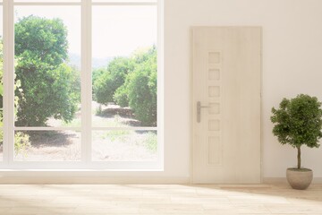 White empty room with door and summer landscape in window. Scandinavian interior design. 3D illustration