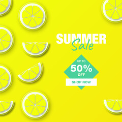 Paper Style. Summer Sale Banner template design with yellow lemon paper cut for banner, flyer, poster, invitation, digital, social media marketing advertising promotion.