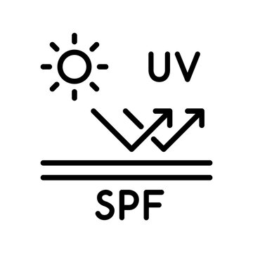 Sun protection factor concept. UV rays effect on skin treated with SPF sunscreen. Sun safety idea. Line icon. Ultraviolet light exposure. Skincare product label. Vector illustration, flat, clip art 