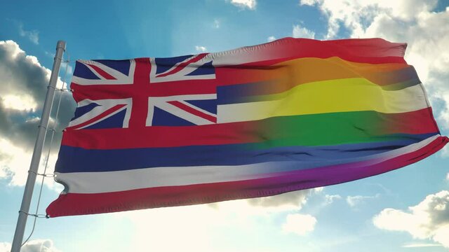 Flag of Hawaii and LGBT. Hawaii and LGBT Mixed Flag waving in wind