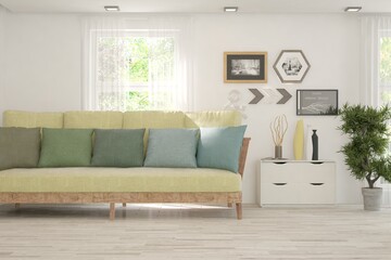 White living room with sofa. Scandinavian interior design. 3D illustration